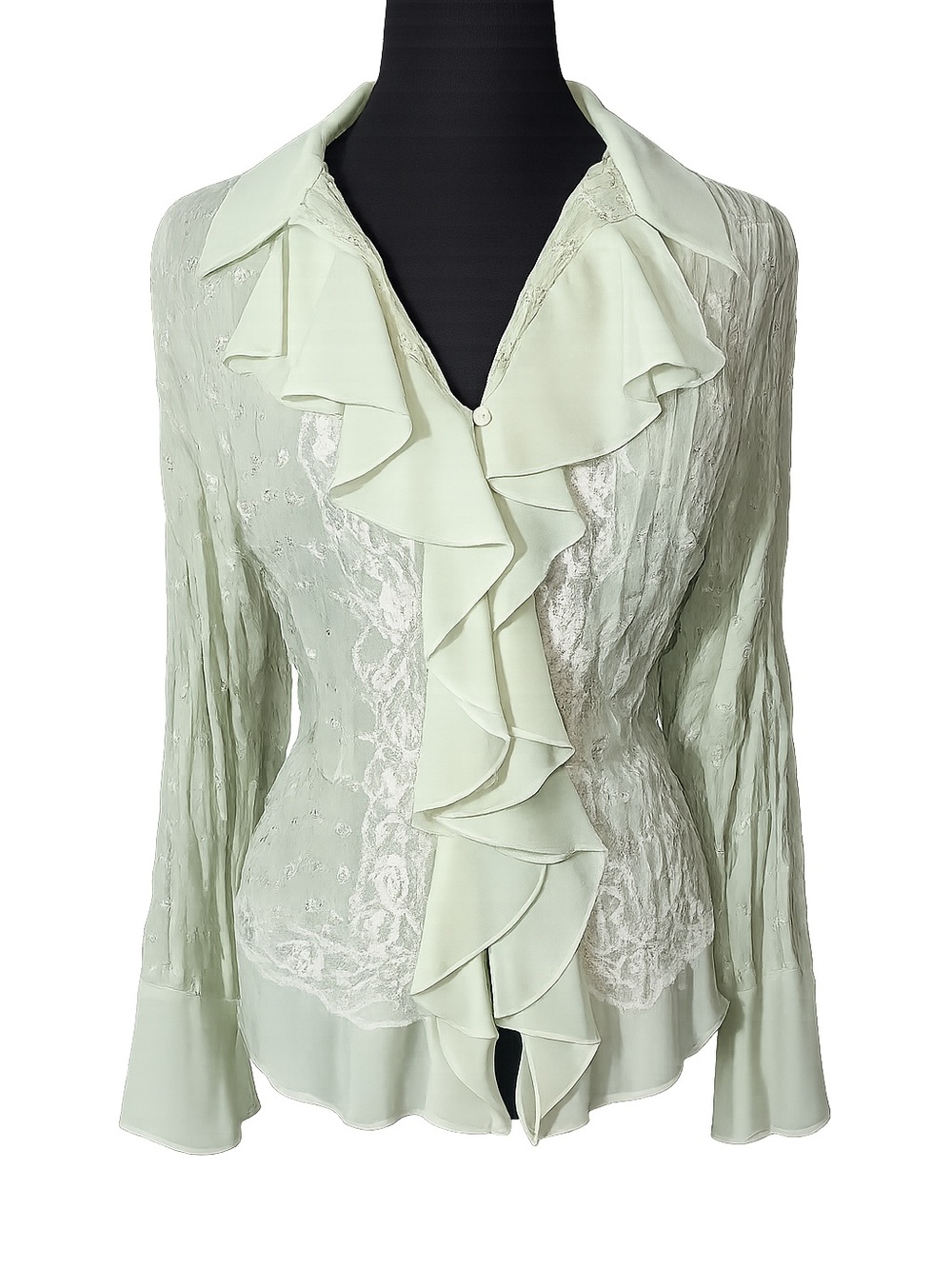 Y2K Robbie Bee Mint Green Ruffle Front Lace Blouse